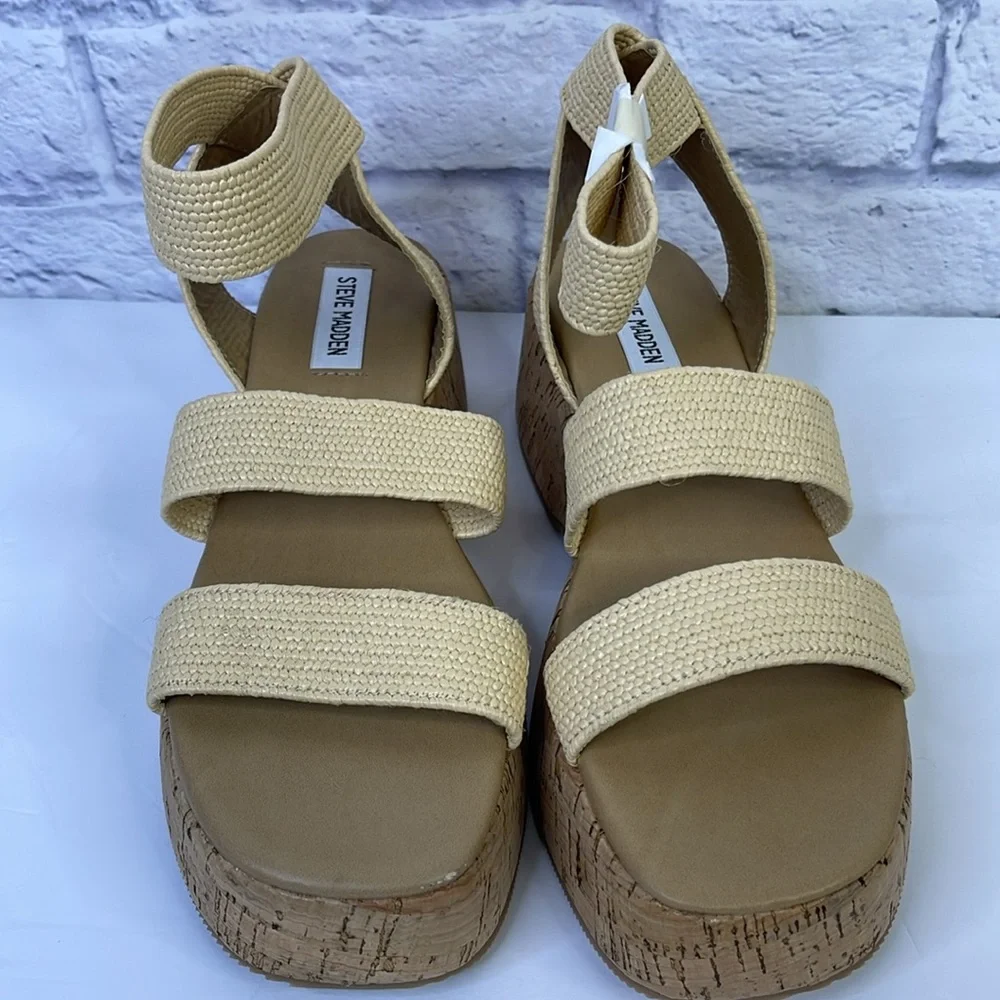 Steve Madden Womens Sashes Woven Flatform Sandals Beige 8